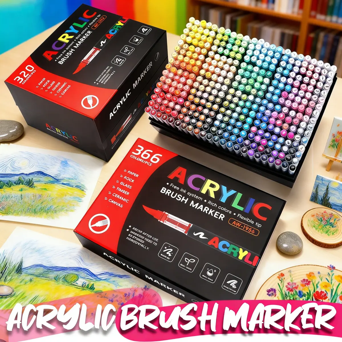 Conjunto de Marcadores de Pintura Acrílica à Prova d'Água com 12-366 Cores, Marcadores Profissionais de Pincel Acrílico, Suprimentos de Arte para DIY