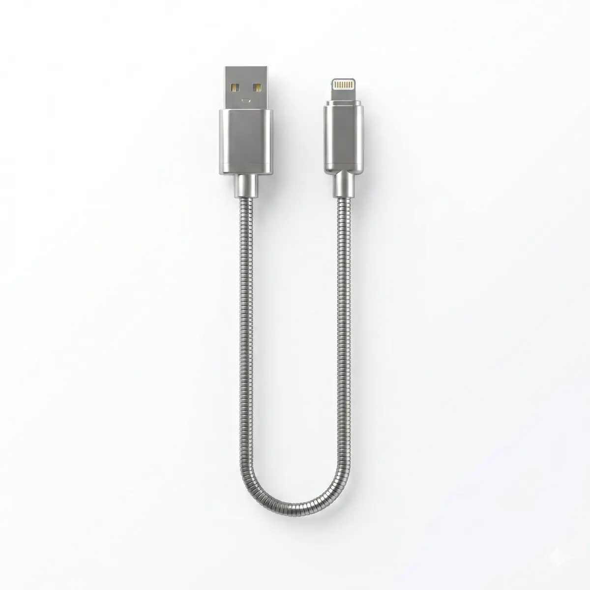 Cabo 8 Pinos USB-A para iPhone de 24cm, Tipo Mola Metálico Flexível, Carregamento e Sincronização de Dados, Cabo Reforçado de Alta Resistência, Compatível com iPhone 14, 13, 12, 11, XS, XR, X e 8