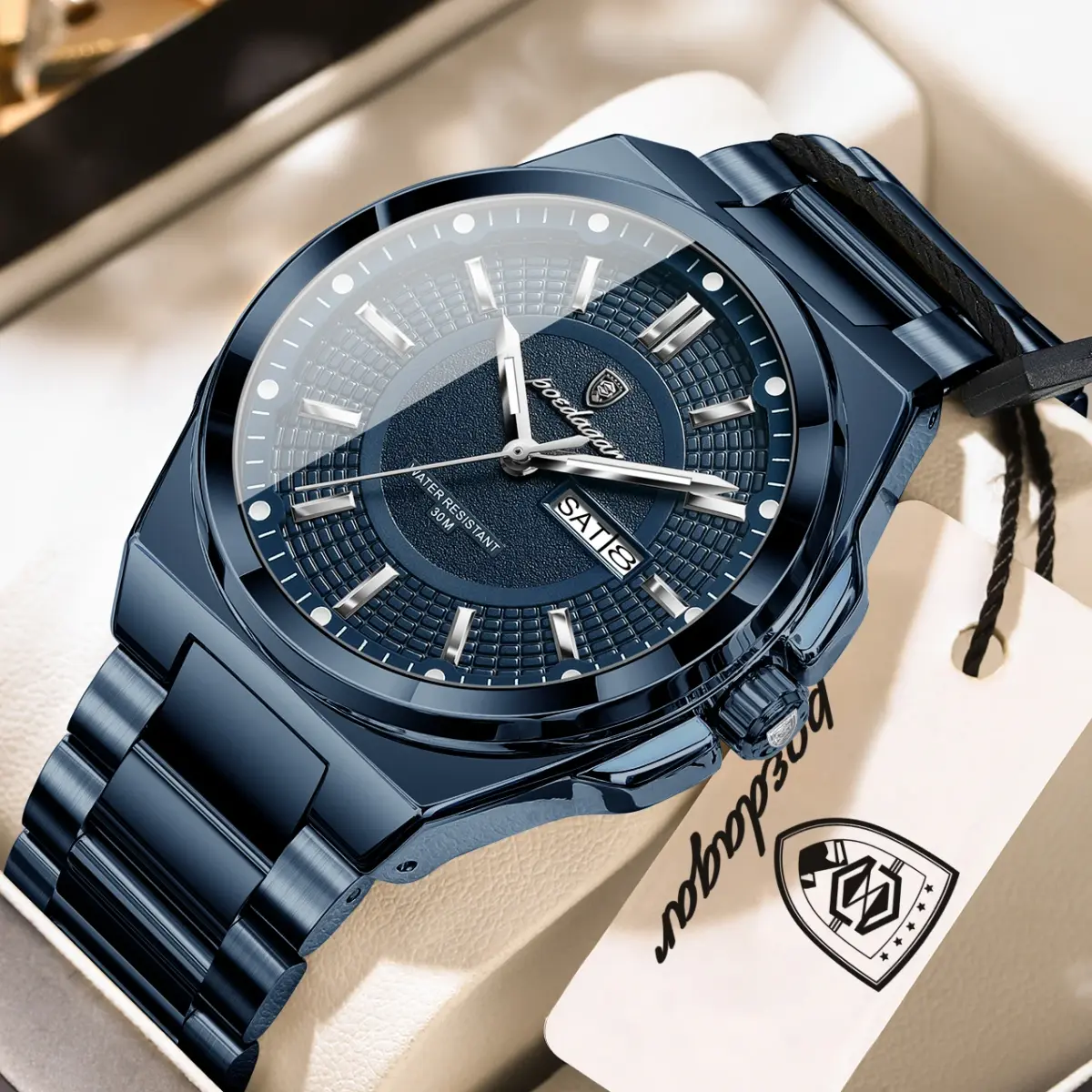 Poedagar relógio de pulso masculino de negócios, aço inoxidável, à prova d'água, luminoso, casual, data, semana, elegante, relógios de quartzo masculinos