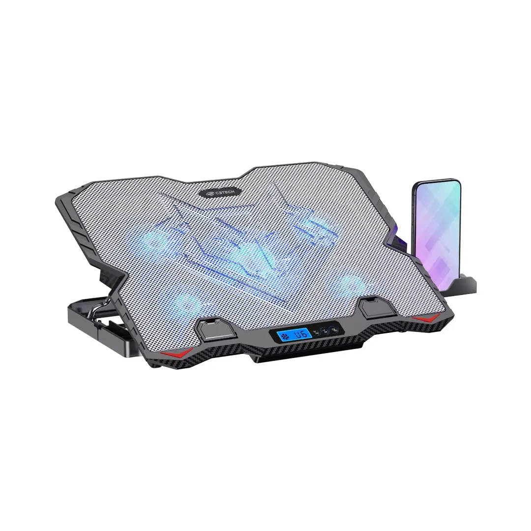 C3Tech Base Refrigerada Gamer para Notebook, NBC-90SI 15,6" cinza, Ajustes de inclinacao em 5 niveis, painel LCD com controle de velocidade em 6 níveis, Led de iluminacao Azul, suporte para celular