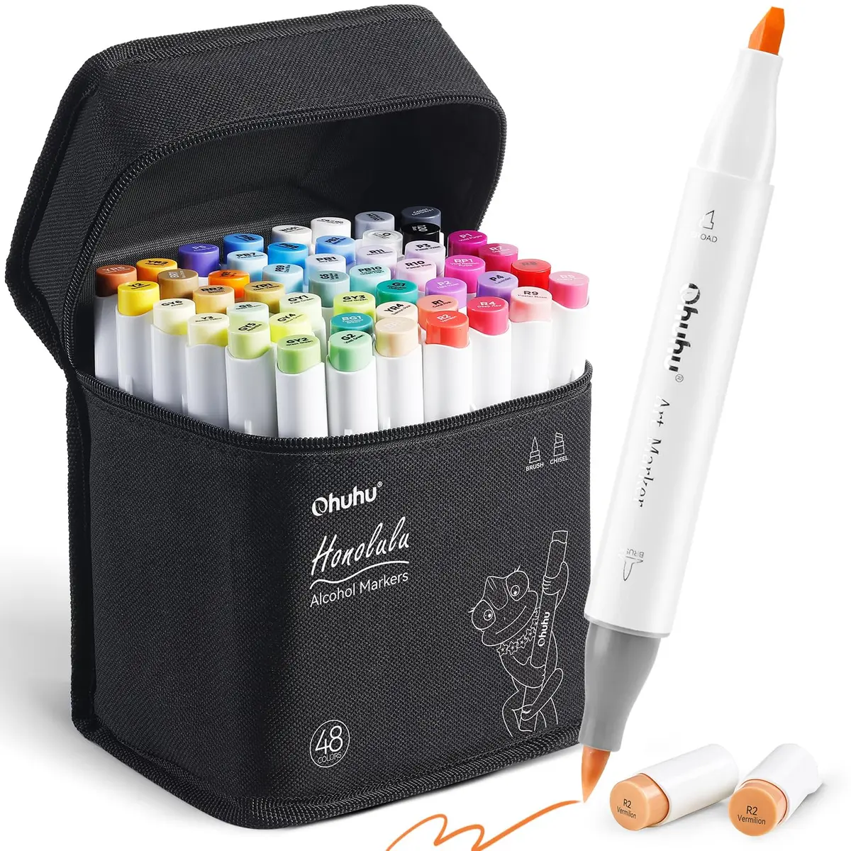Ohuhu Canetas Marcadores de Álcool 48 Cores Dupla Ponta Pincel e Cinzel | Certificado AP, dupla ponta pincel e cinzel. Ideal para colorir, ilustrar e esboçar - Honolulu