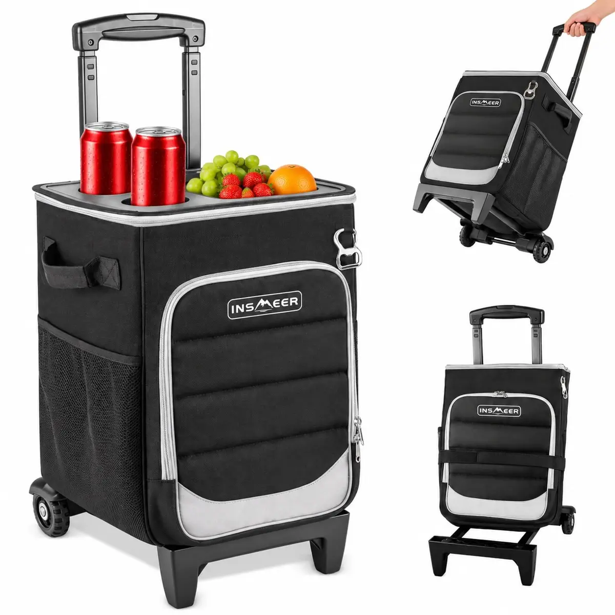 INSMEER Cooler com Rodas 40L, 60 Latas, Bolsa Térmica Dobrável 2 em 1 | Cooler dobrável 2 em 1 com tampa rígida, 2 porta-copos, forro PEVA e rodas para praia, camping, pesca e churrasco.