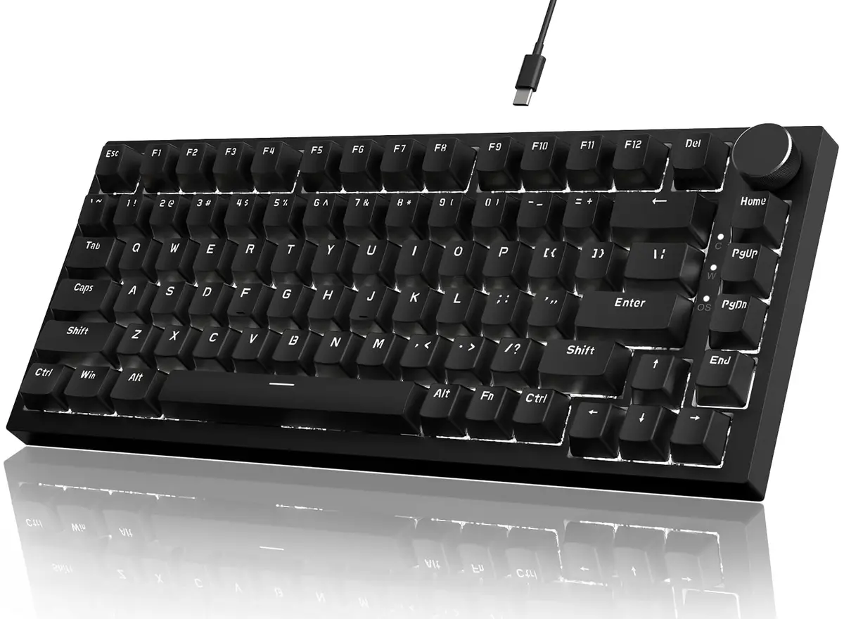 Attack Shark AK820 Teclado mecânico 75% hot-swappable, botão rotativo, USB-C, gasket com 5 camadas antirruído, LED branco, switch vermelho linear,Compatível PC/Win/Mac (preto)