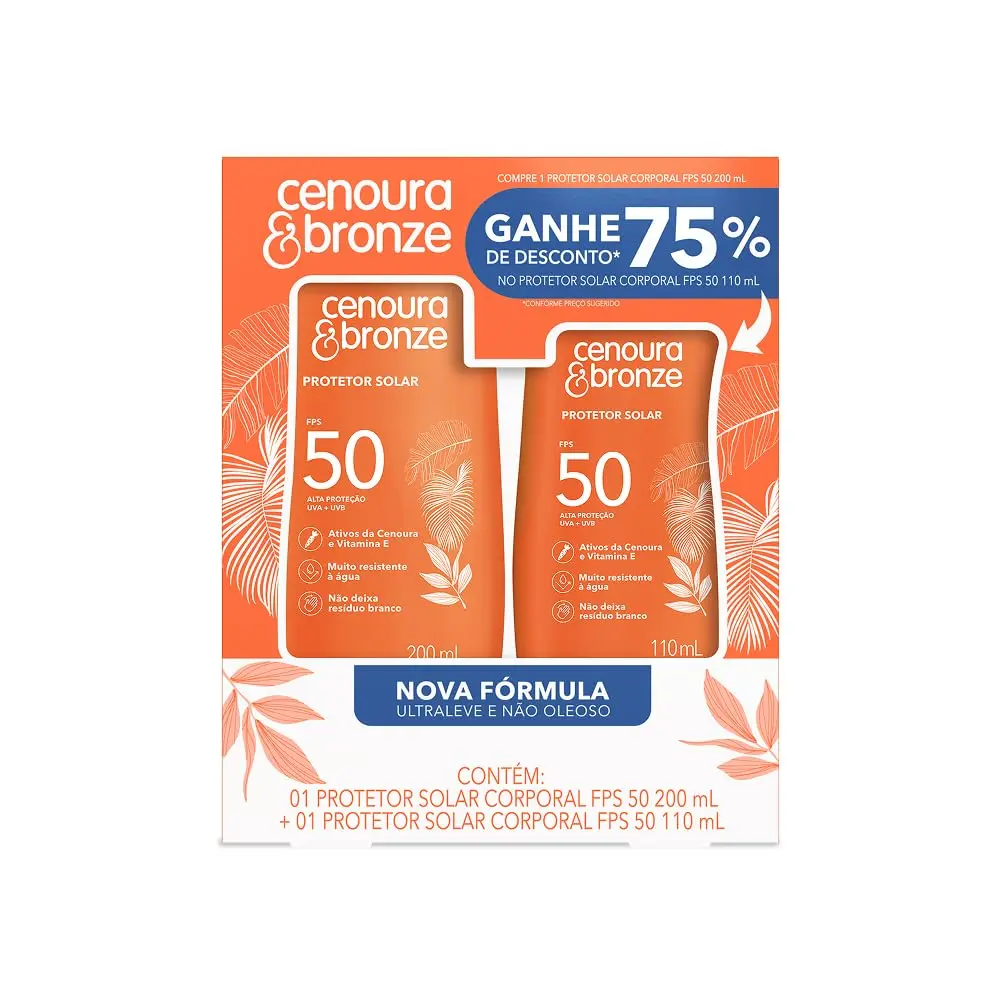 Protetor Solar Líquido Cenoura e Bronze, FPS 50, Kit com 2 Unidades | Frascos de 200ml e 110ml