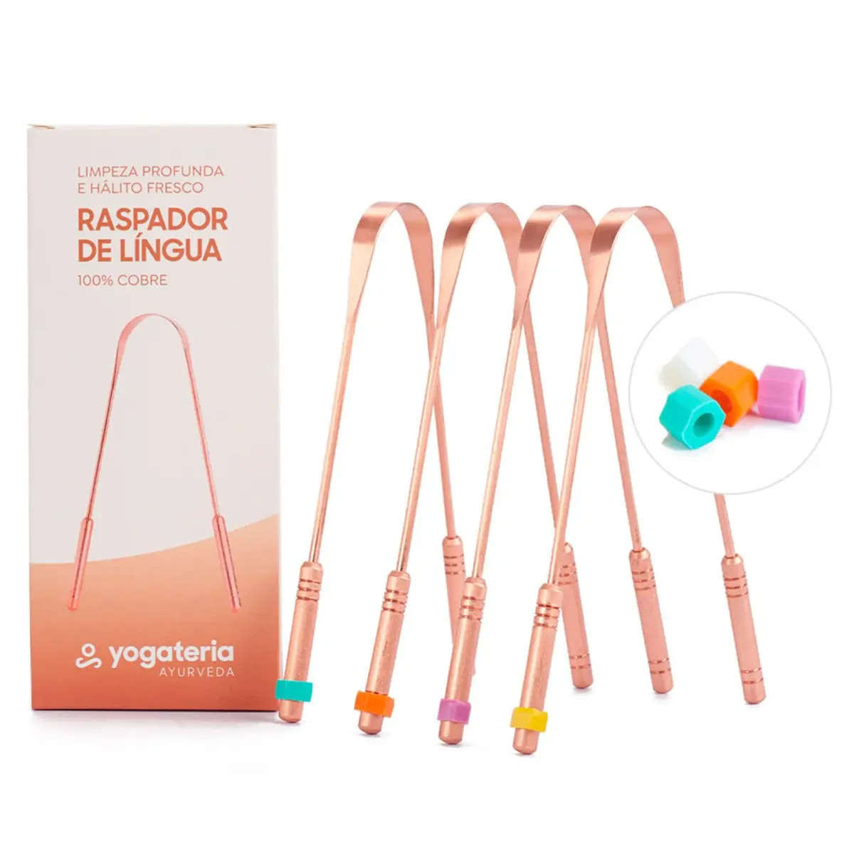 YOGATERIA Kit limpador Raspador de língua Cobre Ayurvédico 100% Puro | Elimina o Mau Hálito Toxinas e Resíduos | Fácil de limpar | Antibacteriano Higiênico e Durável (4 Unds)
