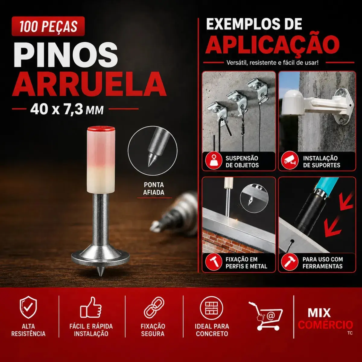Pino Arruela Para Pistola Finca Pino de Fixação Kit com 100 Unidades 40mm Uso Profissional para Drywall Gesso Madeira Concreto Chapas Metálicas Steel Frame Rebite thumbnail 4