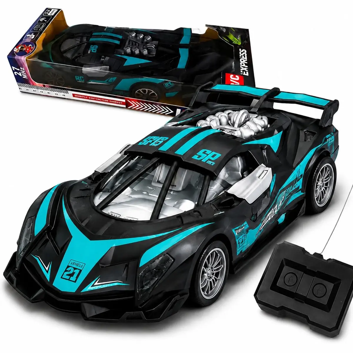 Carrinho de Controle Remoto Esportivo 1:24 Preto Azul | 27MHz, Alcance de 20 Metros, Pneus de Borracha, Para Maiores de 3 Anos, 17 x 7,5 x 4 cm