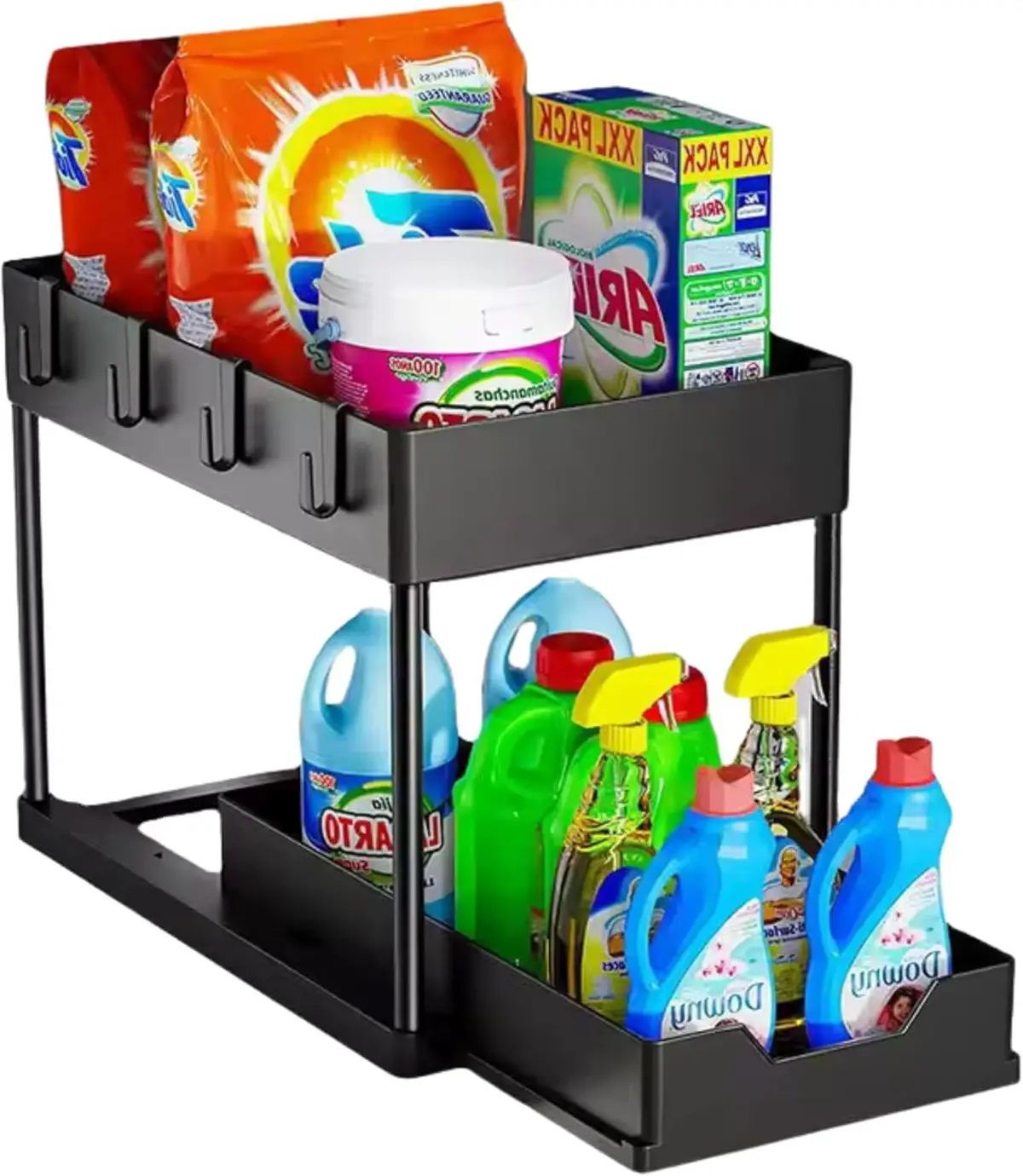 Organizador Multiuso Deslizante para Armário e Bancada 2 Níveis Armazenamento – Prateleira com Trilho Corrediço, Estrutura Resistente, Ideal para Cozinha, Banheiro e Escritório (Preto) - 1