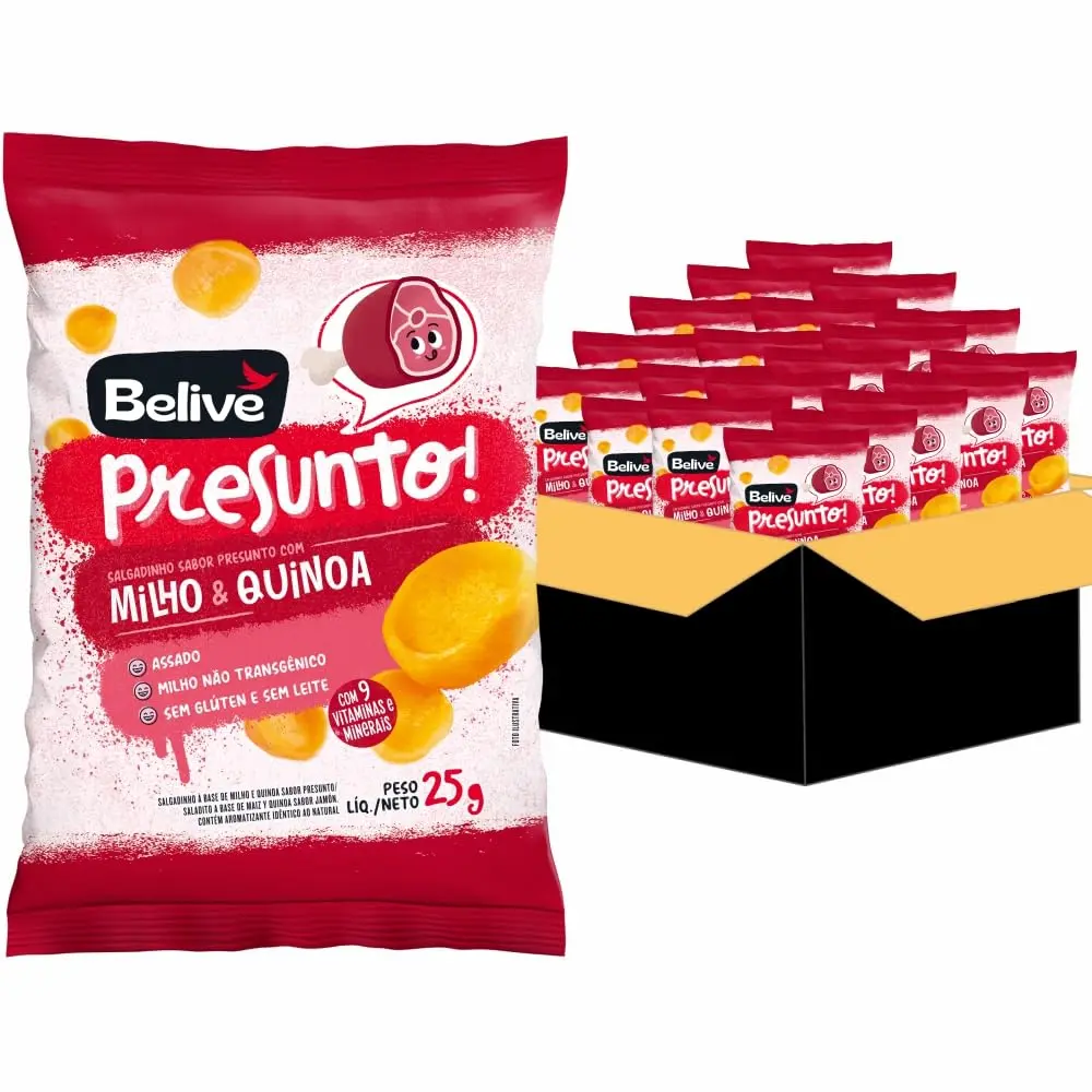 Salgadinho de Presunto Belive Kids, 25g, Pack com 20 Unidades | Sem Glúten, Sem Leite - 1