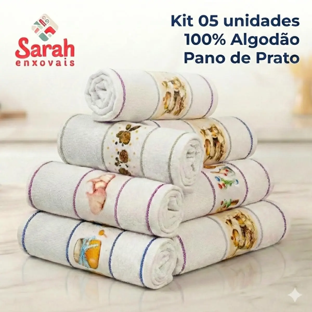 Kit 05 Pano de Prato Atoalhado Para Cozinha Felpudo Premium Gourmet 45x70cm 286g/m² 100% Algodão - Branco (5)