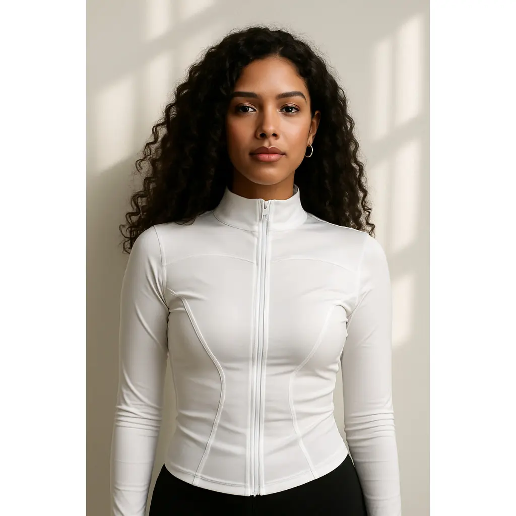 Blusa manga longa feminina roupa fitness de suplex modeladora com ziper casaco esportivo yoga gola alta elegante justa