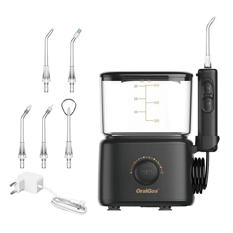 OralGos Irrigador Bucal Profissional, Reservatório de 600ml, Bivolt, Multifuncional Saúde, Limpeza Profunda, Jato de Água Ultrassônico, 10 Níveis de Pressão, Escova Elétrica, Versão Familiar, 5 Pontas Substituíveis, Preto - 1