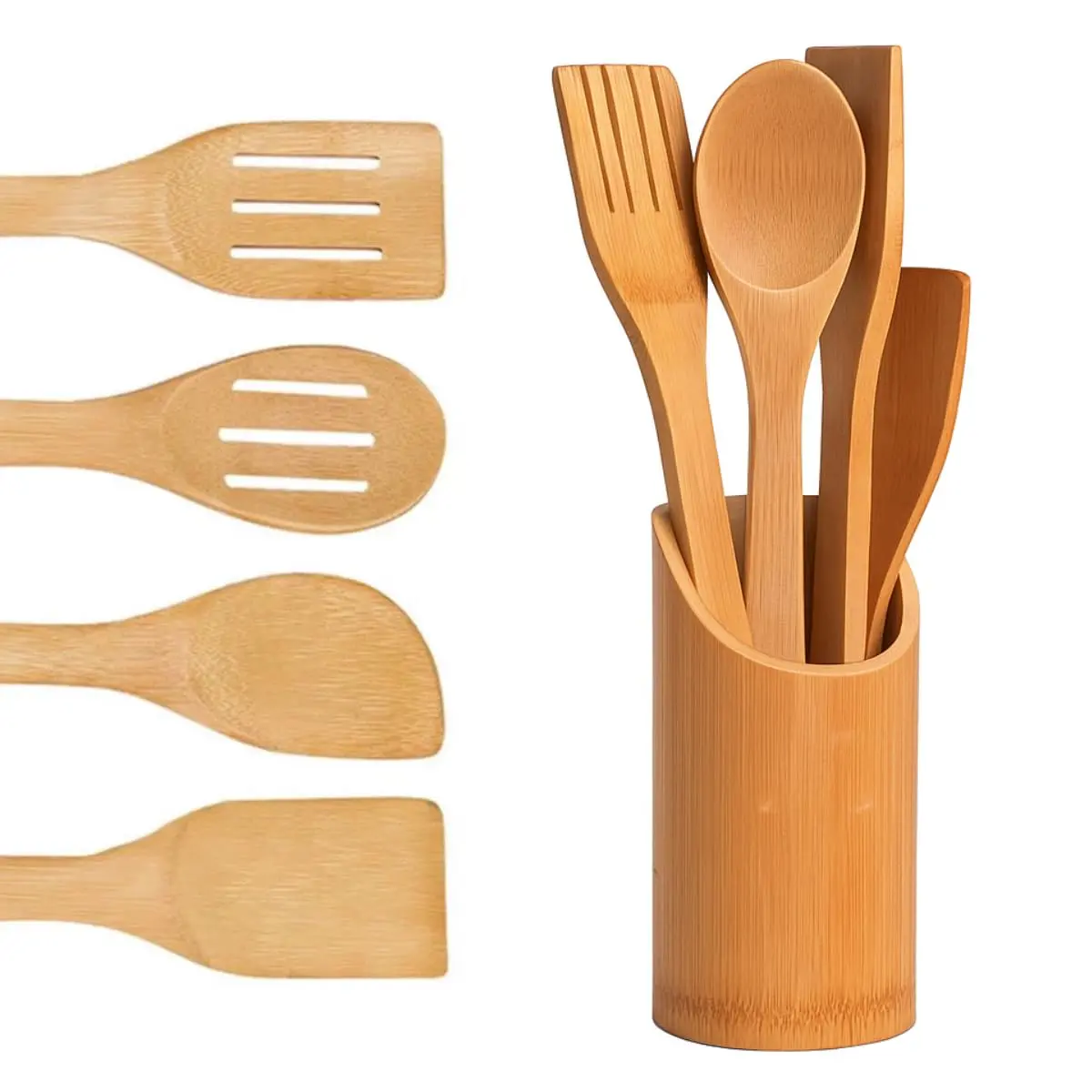 Kit de Utensílios de Cozinha com 5 Peças em Bambú e Suporte Natural Ecológico Resistente ao Calor Design Sofisticado Material Durável e Não Pega Cheiro Garfo Colher Espátula Receita Colher de Pau - 1