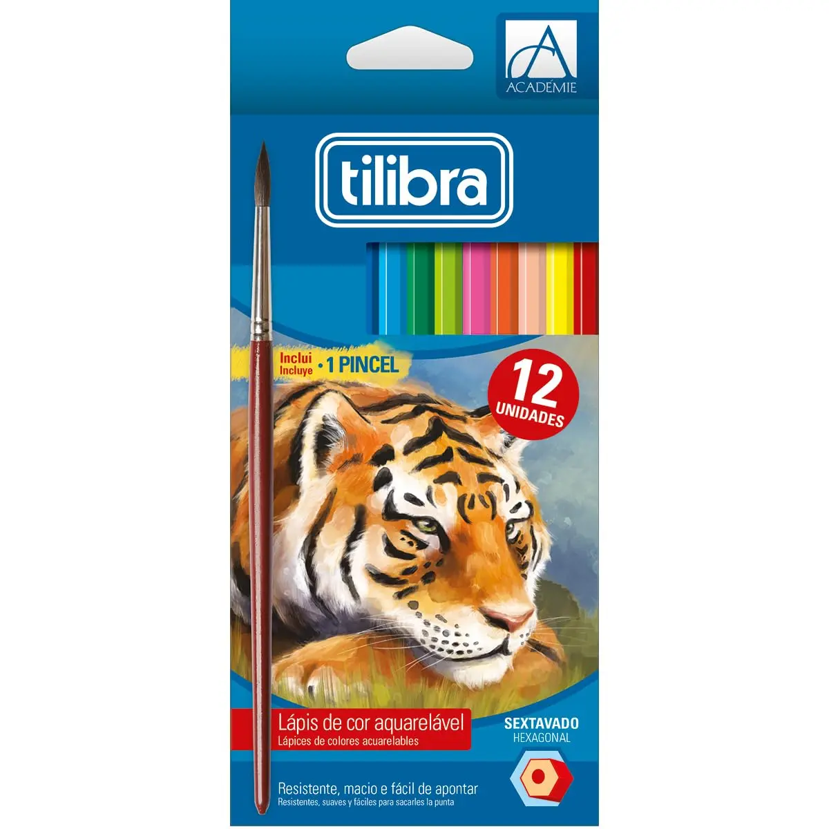 Tilibra - Lápis de Cor Sextavado Aquarelável + Pincel, Académie, 12 Cores