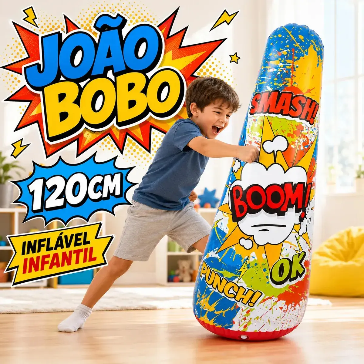 João Bobo Inflável 120cm Boneco Teimoso Bate e Levanta Saco de Pancada Boxe Infantil Presente Aniversário Criança