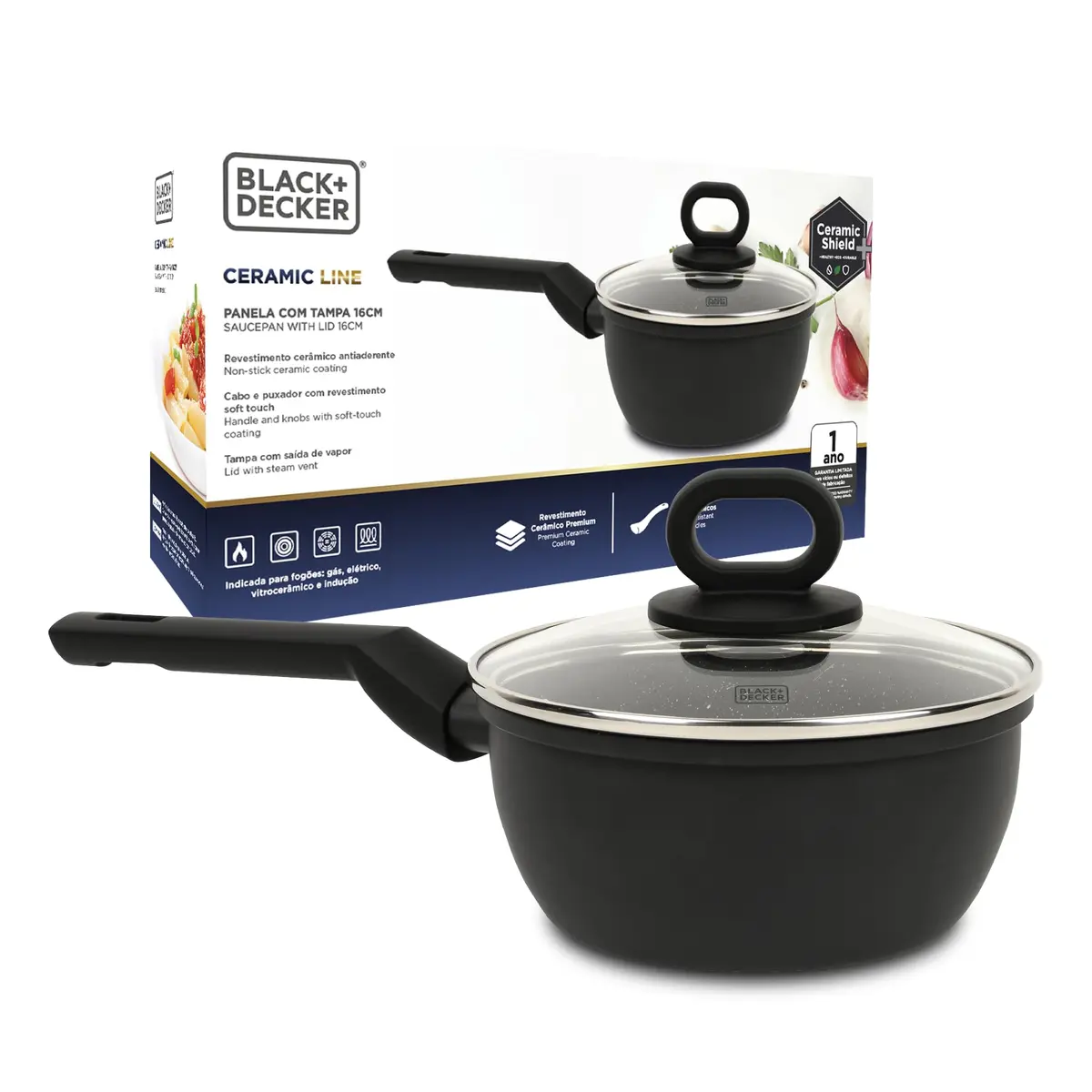 BLACK+DECKER PANELA COM TAMPA 16 CM 1,4 LITROS CERAMIC LINE - CORPO COM REVESTIMENTO CERÂMICO COM EXTERIOR NA COR PRETA E BASE COMPATÍVEL COM INDUÇÃO - BLACK