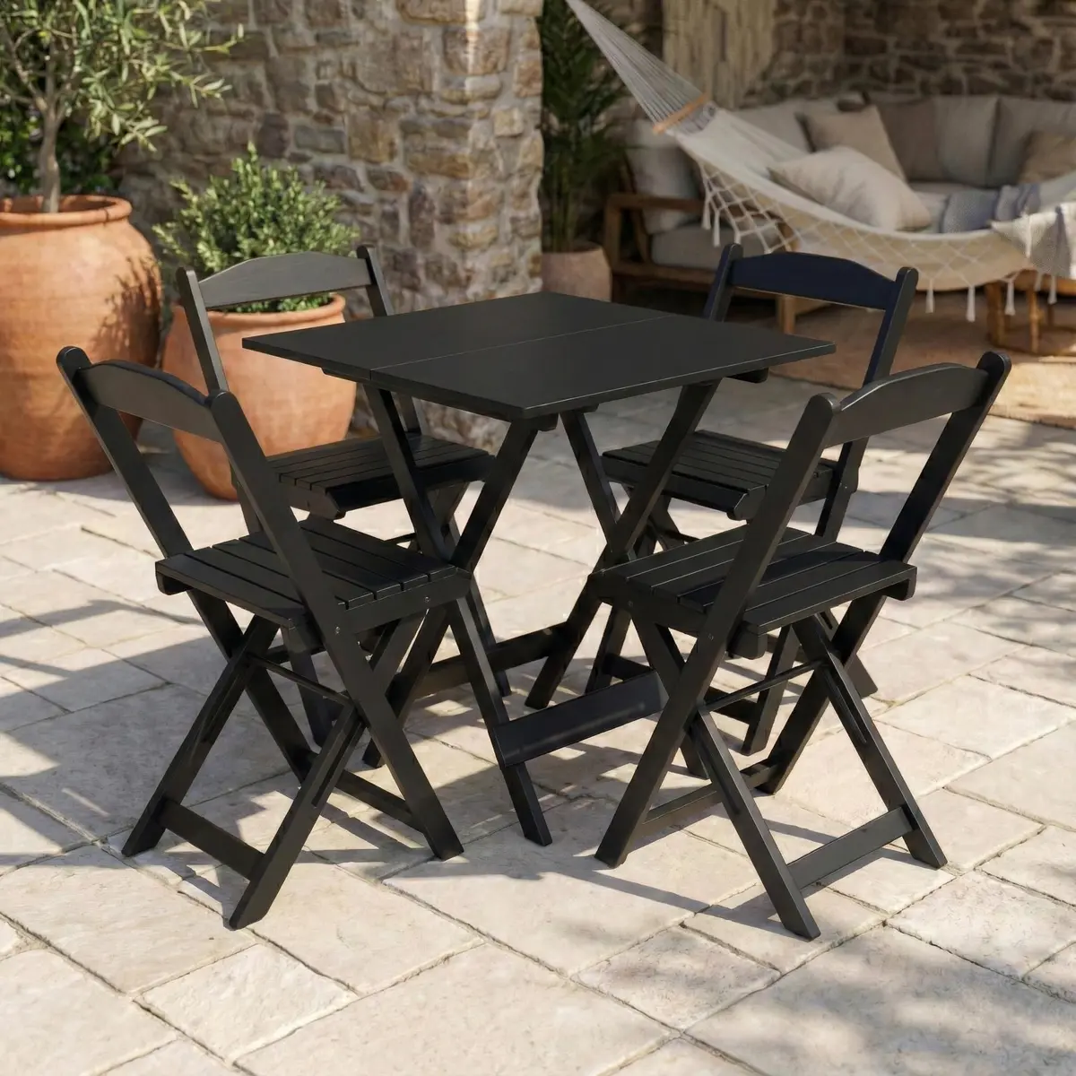 Conjunto Mesa Dobrável Área Externa 70x70cm com 4 Cadeiras Madeira Maciça Preto Preto