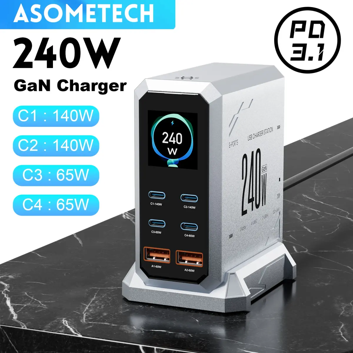 Carregador gan digital 240w pd3.1 140w usb tipo c 6 portas estação de carregamento rápido desktop para iphone samsung xiaomi macbook laptops - 1