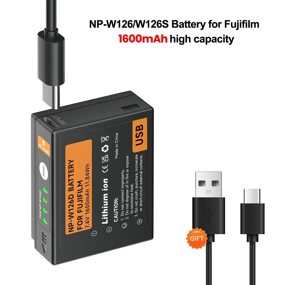 Bateria NP-W126 NP-W126S NP W126 com carregamento USB-C para câmeras Fujifilm XT30II XM5 X100VI X100V XS10 XT30 XT20 X-E1 X-E2 X-E2S X-E3 X-E4 A1 A2 A3 A5 A10 X100F X-PRO1 X-PRO2 X-M1 X-T1/T2/T10