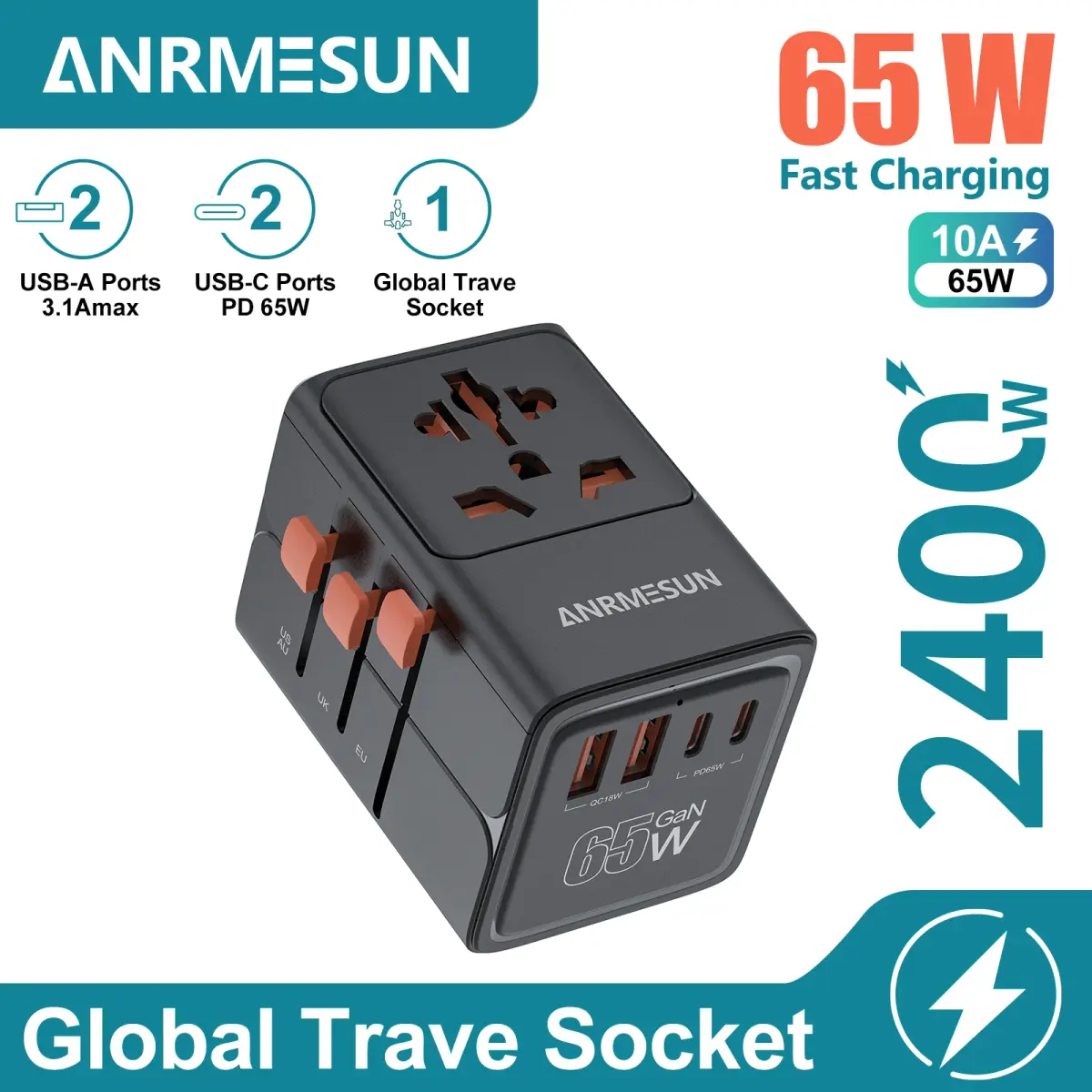 Adaptador de viagem universal gan 65w/45w/25w com 2 usb 2 tipo c carregamento rápido tudo-em-um carregador de viagem ue/reino unido/eua/aus para viagens