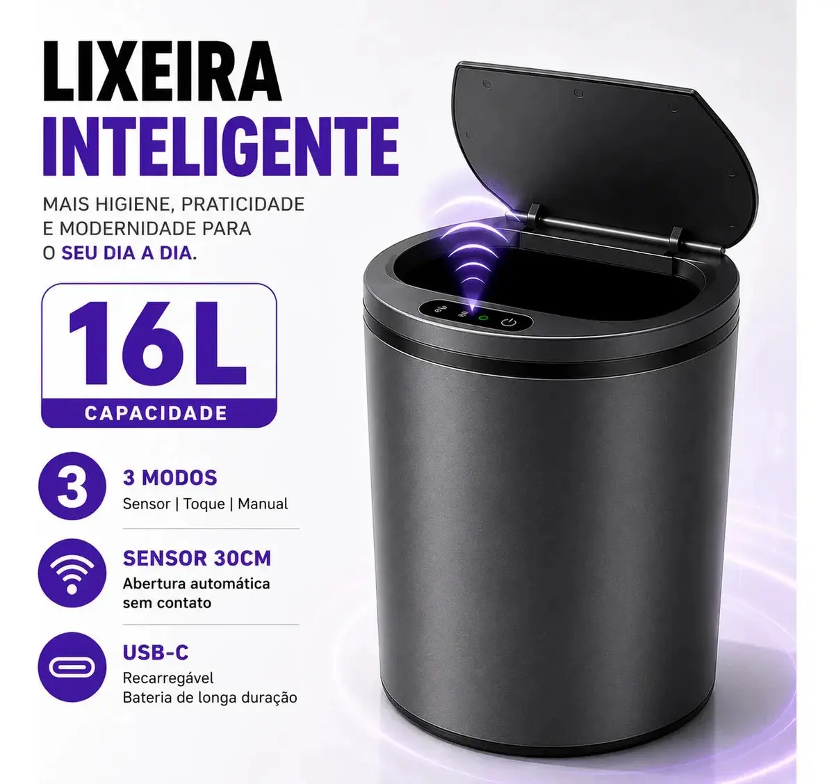 Lixeira Inteligente 16L Com Sensor Automático USB-C Para Cozinha Banheiro Cinza