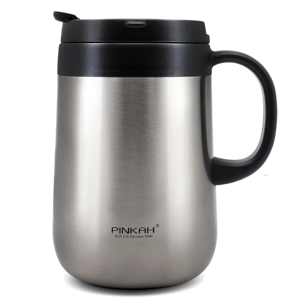 PINKAH Caneca de café de 470 ml de aço inoxidável isolada com alça, caneca de acampamento com duas tampas de parede dupla