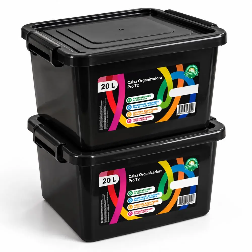 Kit 2 Caixas Organizadoras 20L com Tampa e Travas Empilháveis | Kit com 2 caixas organizadoras de 20 litros, ideal para armazenar roupas, brinquedos, documentos e diversos objetos. - 1