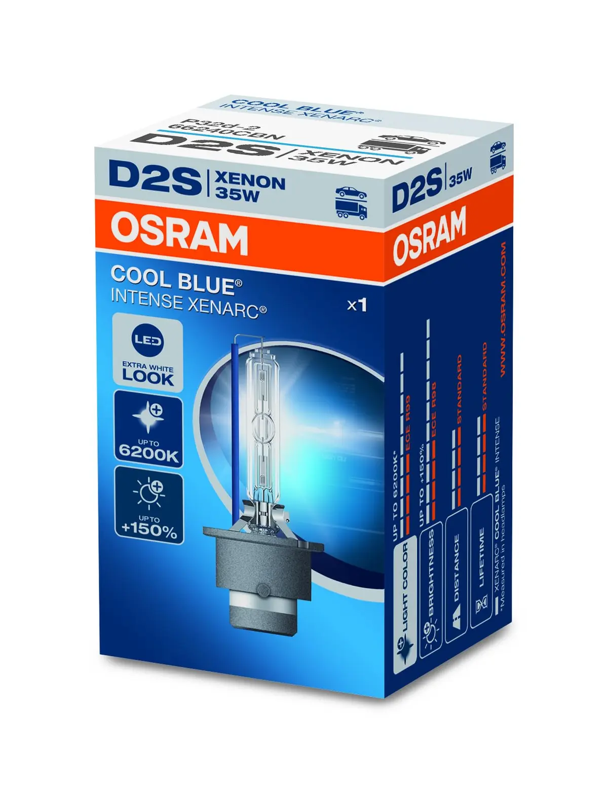 OSRAM Xenarc Cool Blue Intense D2S, 150% mais brilho, até 6.200 K, lâmpada de farol xenônio, visual LED, caixa dobrável (1 lâmpada) - 1