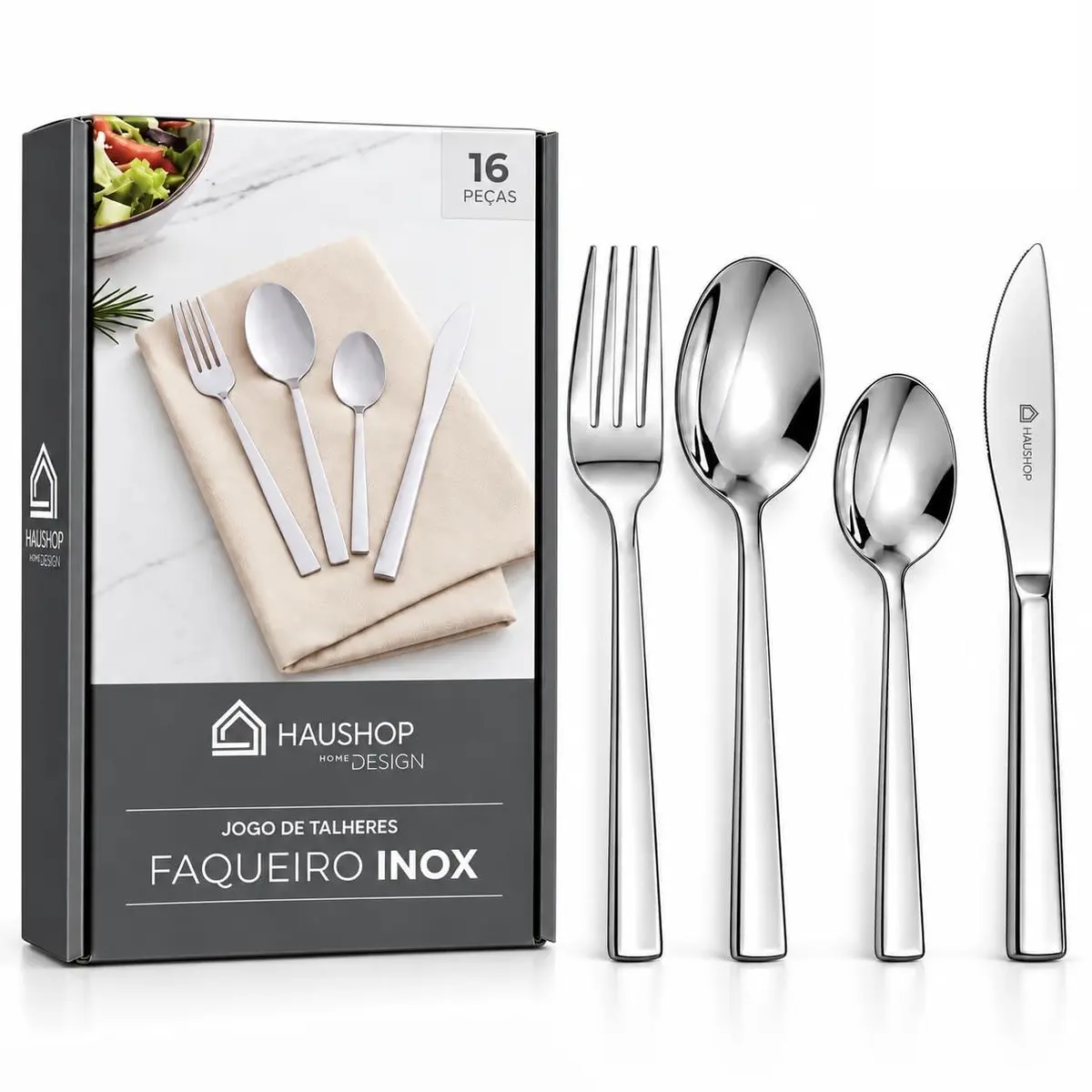 Jogo de Talheres Faqueiro Inox 16 Peças Aço Inoxidável Premium | Conjunto Kit Para 4 Pessoas Lava-Louças Acabamento Polido Não Enferruja Resistente Mesa Posta Home Design Haushop - 1