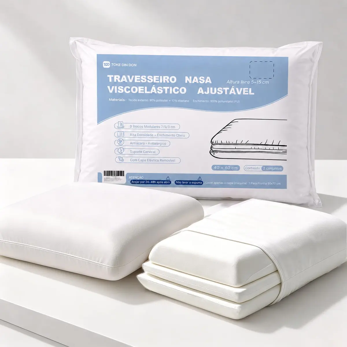 TOKE DIN DON 2 Kits de Travesseiros Nasa Viscoelásticos Ajustáveis | Antiácaro, com Capa 50x70 cm,Altura livre 3–15cm, 6 Blocos 7/5/3cm em Tela,Suporte Cervical, para Várias Idades e Biotipos