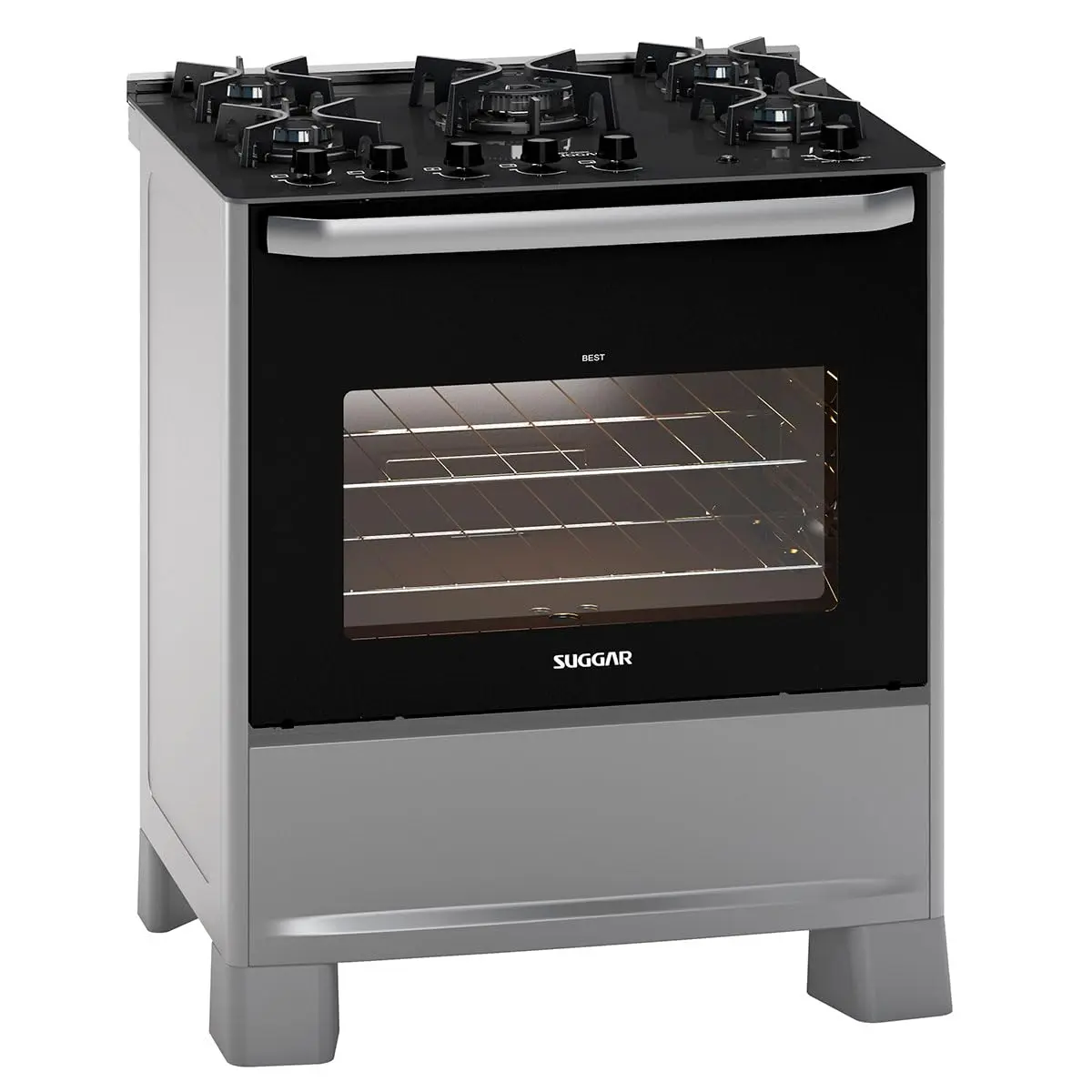SUGGAR FOGÃO BEST GLASS PRATA MESA DE VIDRO 5 BOCAS TRIPLA CHAMA TREMPE EM FERRO FUNDIDO ACENDIMENTO AUTOMÁTICO FGVBG510PRIX - 1