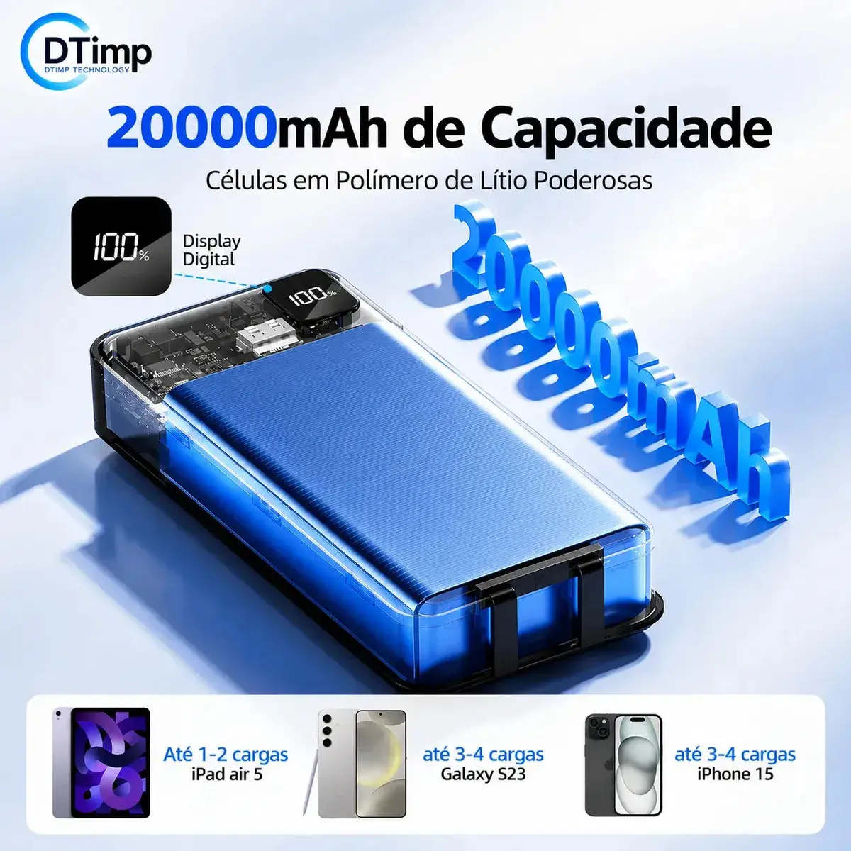Carregador Portátil Power Bank Turbo 20000mah 22.5w universal para iphone samsung motorola xiaomi Com Display Digital DTimp thumbnail 5