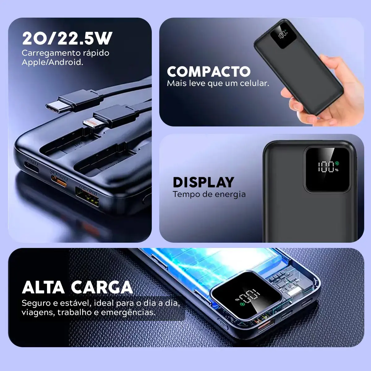 Carregador Portátil Power Bank Turbo 20000mah 22.5w universal para iphone samsung motorola xiaomi Com Display Digital DTimp thumbnail 7