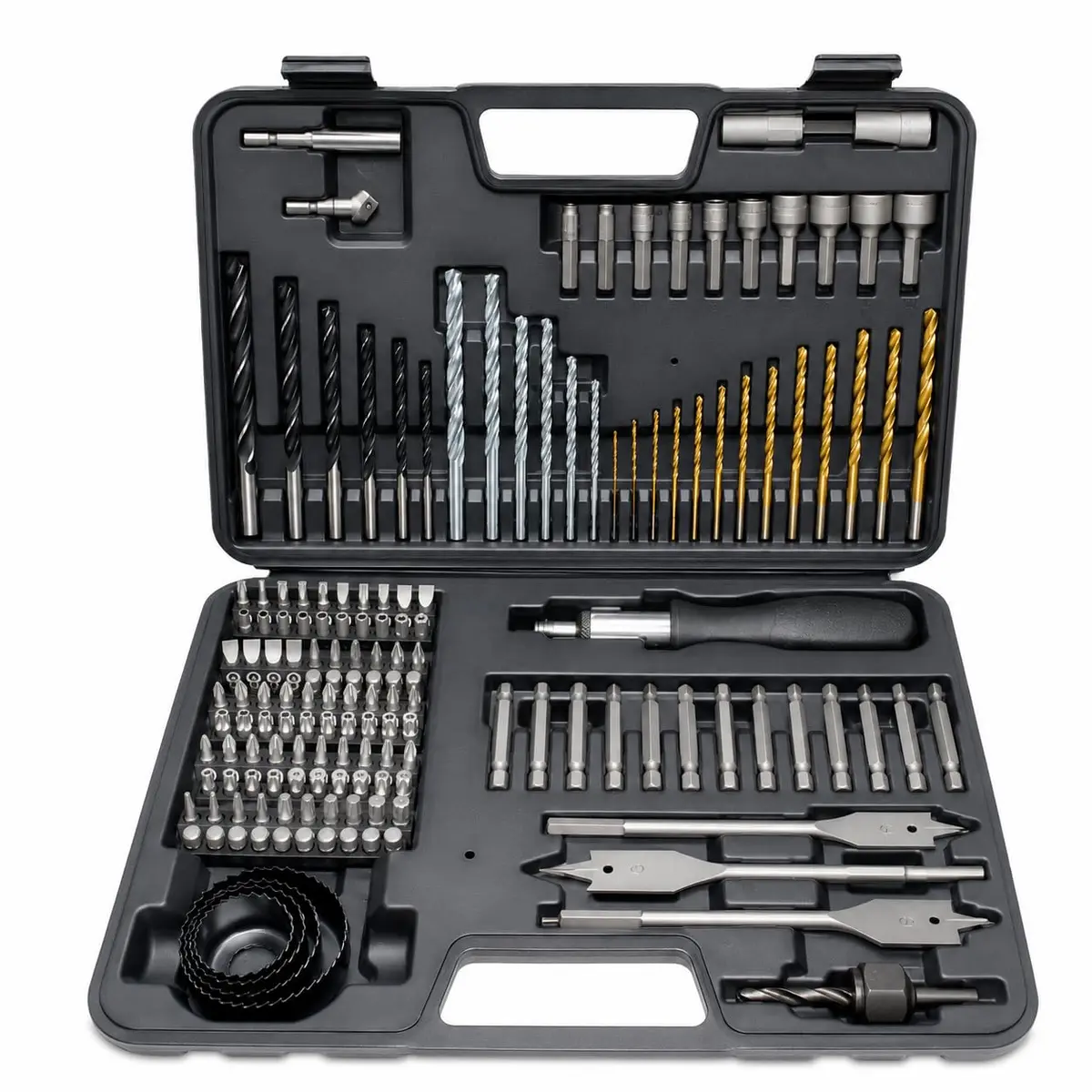 Kit de Brocas Profissional 103 Peças em Titânio, Conjunto Completo com Brocas, Pontas de Parafusadeira, Serras Copo, Brocas Chatas e Acessórios para Perfuração e Parafusamento com Maleta Organizadora