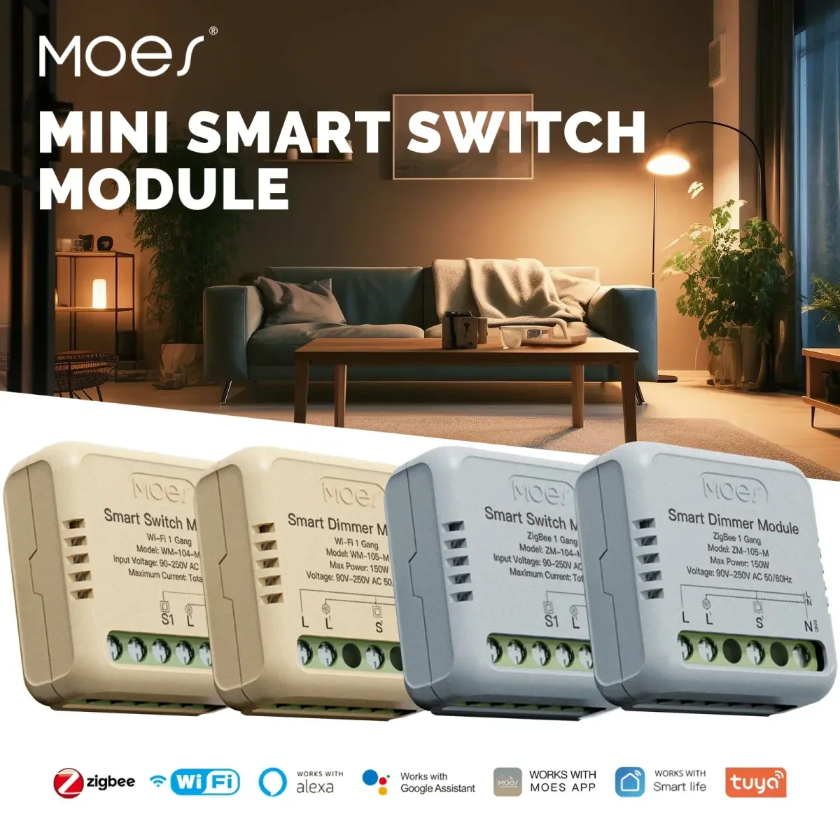 MOES-Mini Tuya WiFi Zigbee Interruptor Inteligente, Módulo Dimmer, Interruptor de Luz DIY, 1/2 Gang, Controle Remoto, Trabalhar com Alexa, Google Home
