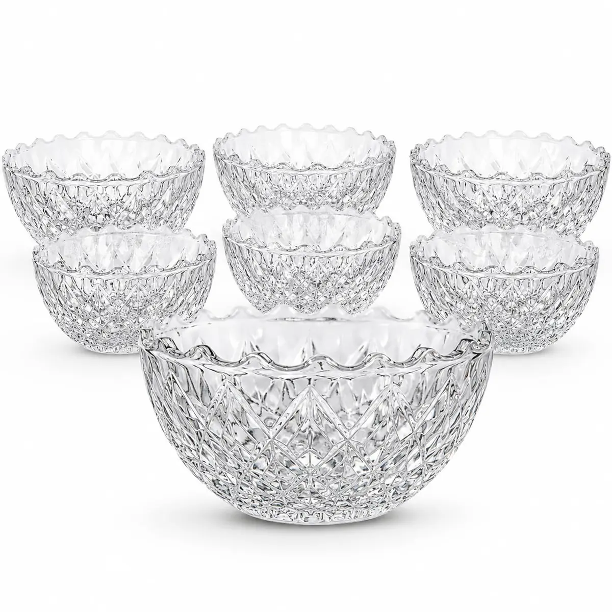 Bowls Sobremesa Diamond 220ml Jogo 6 Peças de Vidro HABITARA HOME | Relevo geométrico, borda ondulada, porções individuais, ideal para doces frutas sorvetes mousses e açaí - 1