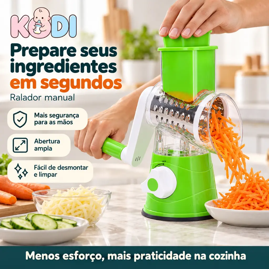 Ralador e Fatiador Manual 3 em 1 com Ventosa para Legumes, Verduras e Queijos - 3 Cilindros