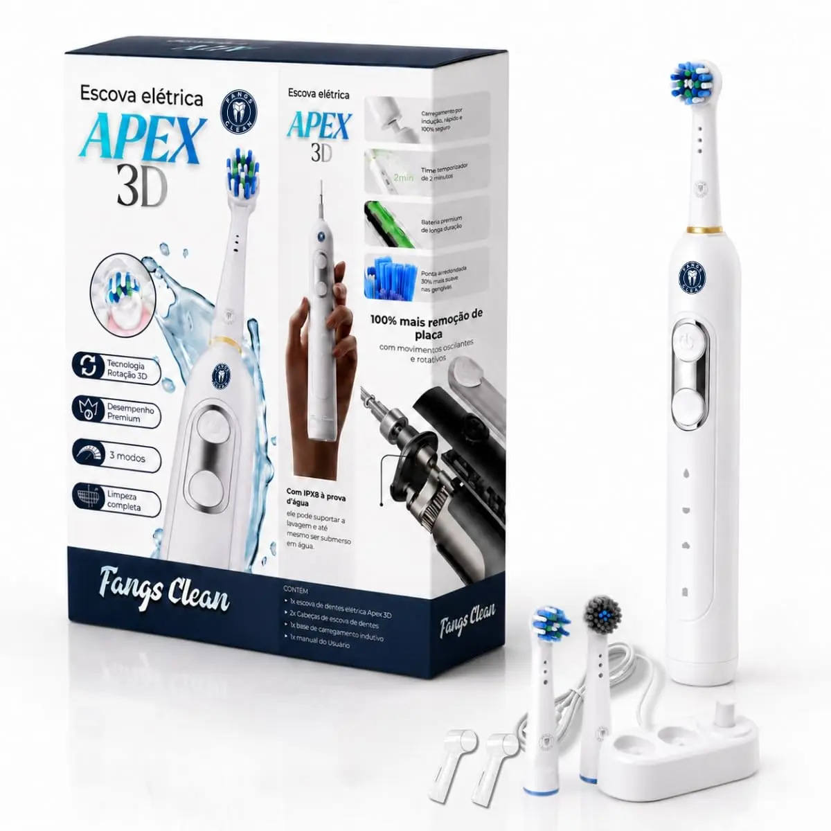Escova De Dentes Elétrica Recarregável Fangs Clean Apex 3d Rotação 3d Oscilante 48.000 Rpm Compatível Oral-b Ipx8 + 2 Refis Powerclean Essencial Cabeças Escova+ Capinhas Limpeza Profunda Remoção Placa