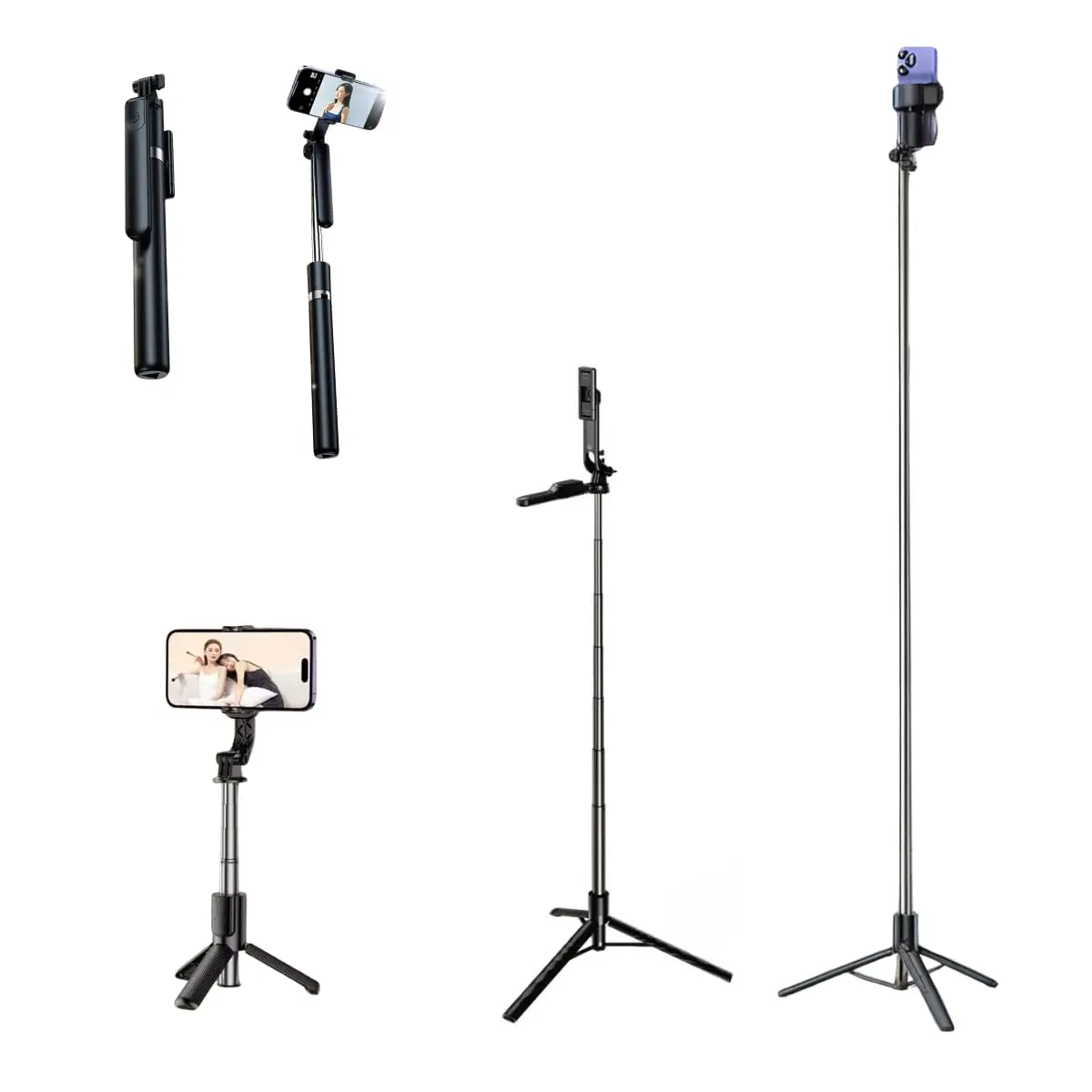 Tripé Bastão de Selfie 3 em 1 – Compacto e Extensível até 1,70 m de Altura, Controle Bluetooth, Rotação 360° – Para Gravações, Reels, TikTok, YouTube, iPhone e Android