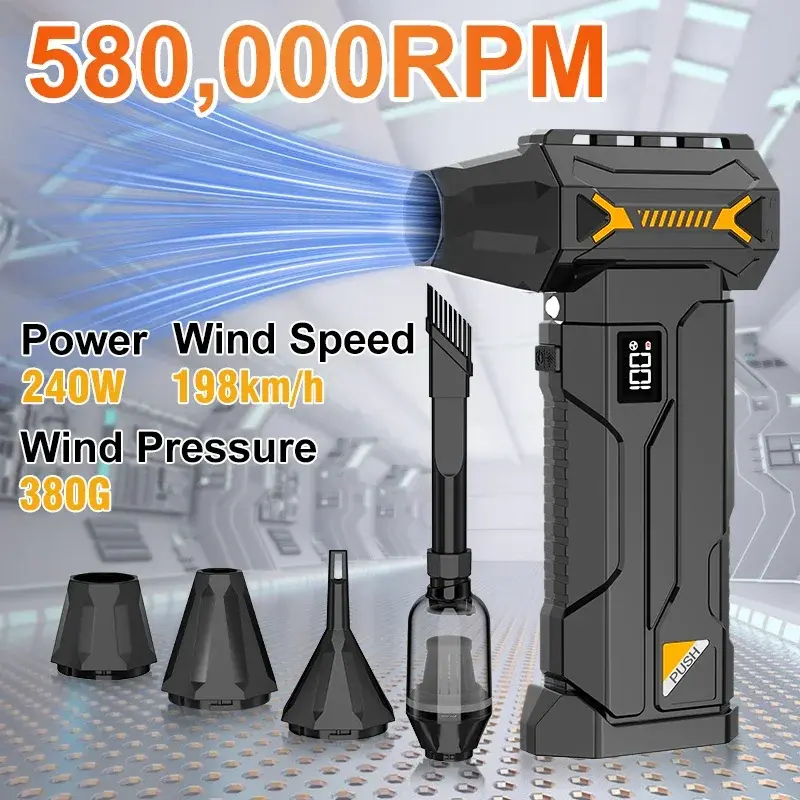 Soprador Turbo Potente de 580.000 RPM, Aspirador de Pó Sem Fio, Soprador de Neve Elétrico, Força de Sopro de 380g, Iluminação LED, Limpeza de Carros