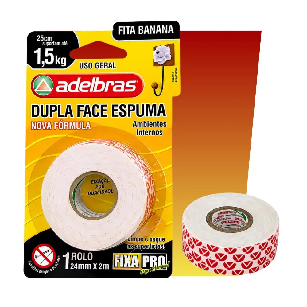 Adelbras Fita Dupla Face Espuma 24mm x 2m Fita Banana | Fixa Quadros e Placas, 24mm de Largura, 2m de Comprimento, Espuma Dupla Face, Uso Versátil