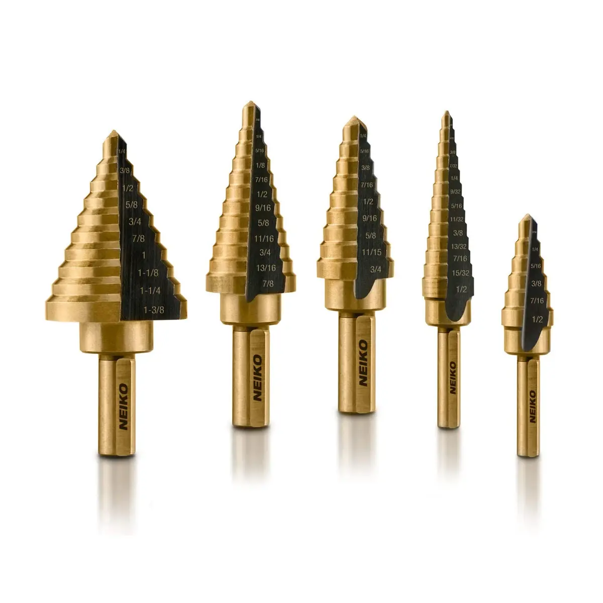 NEIKO Conjunto de brocas, 5 peças de brocas para metal, 50 tamanhos SAE no total, 3,5 cm – 3,5 cm, aço de alta velocidade de titânio SAE, broca de cone de passo, duas pontas, brocas step up