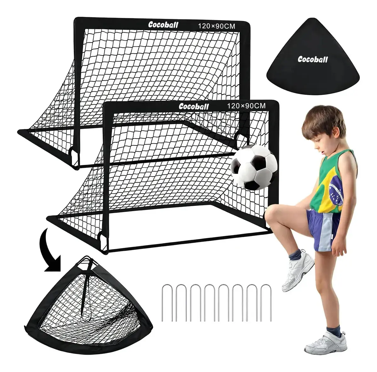 2 Traves Rede Golzinho Gol Futebol Infantil Portátil 120×90cm C/bolsa De Transporte Preto