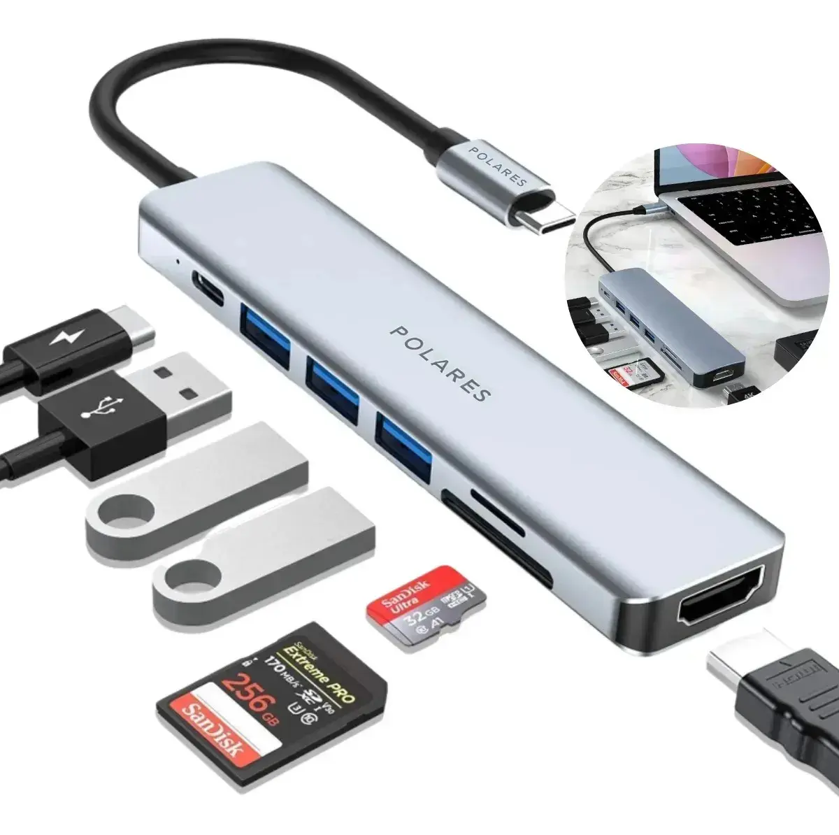 Adaptador Hub Usb-c Compatível Com Macbook Air M1 M2 Dex Hdmi 4k 7 Em 1 Cinza - 1