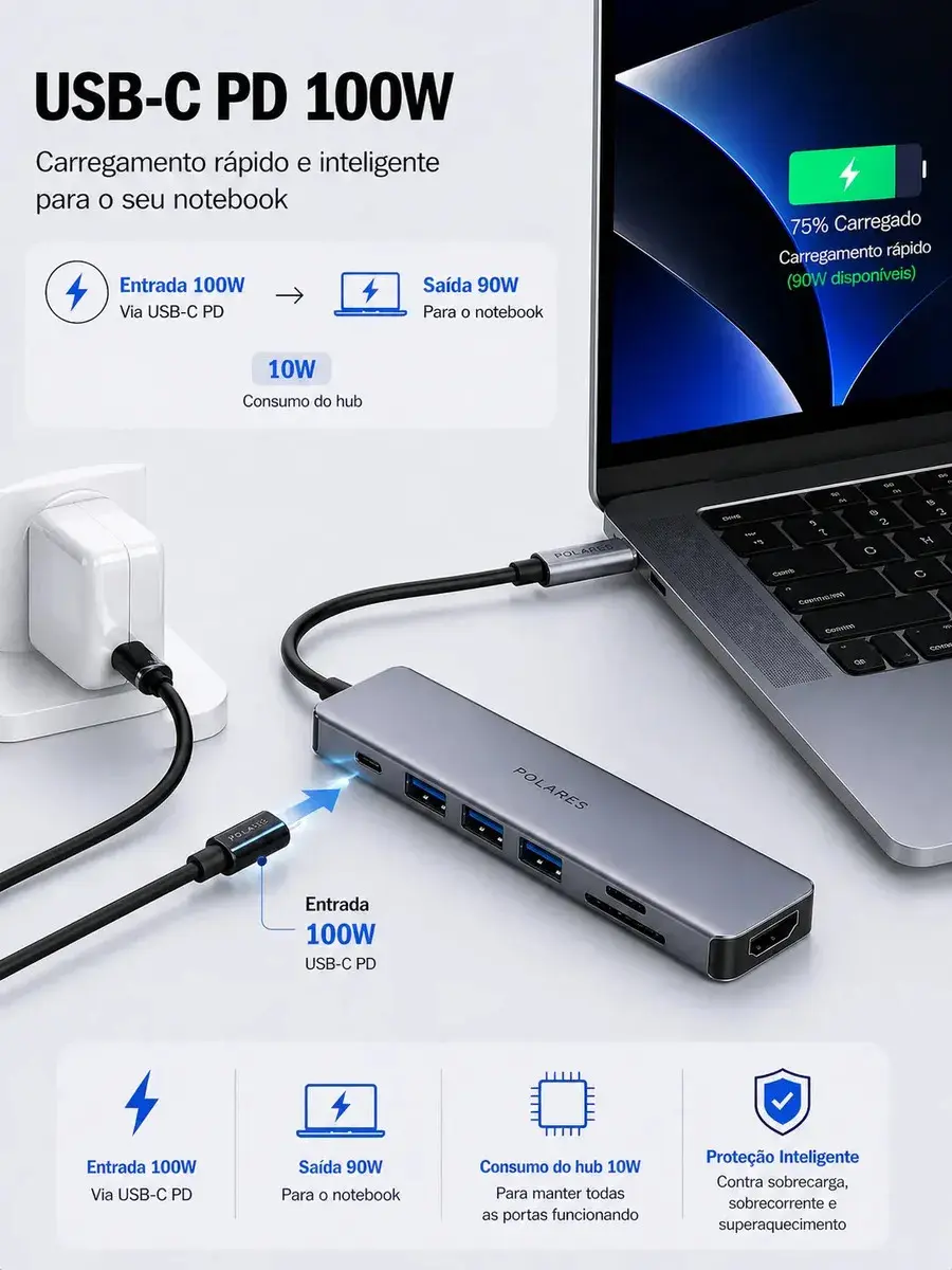 Adaptador Hub Usb-c Compatível Com Macbook Air M1 M2 Dex Hdmi 4k 7 Em 1 Cinza thumbnail 5