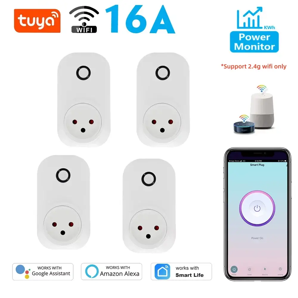 Tuya tomada inteligente israele plug 16a monitor de energia wifi interruptor de luz vida inteligente tomada de controle remoto para alexa, google assistant