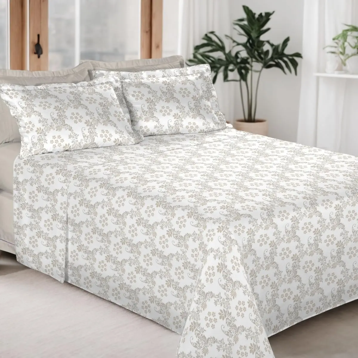 Jogo de Cama Casal 300 Fios 100% Algodão Percal 4 Peças Antiácaro Bem Lunar | Respirável, Resistente e Macio. Kit Inclui 4 peças essenciais: lençol com elástico, lençol de cima e 2 fronhas com abas.