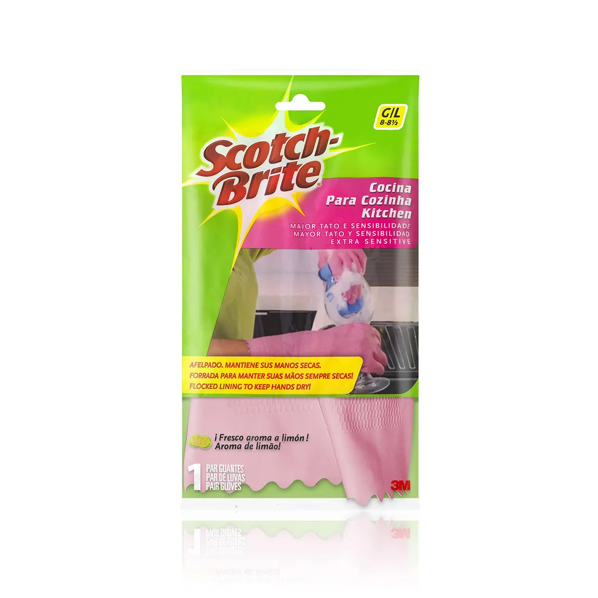 Luva de Cozinha Scotch-Brite, Rosa, Tamanho Grande, 1 Par | Forro interno para evitar transpiração, Ideal para tarefas domésticas, Evita a entrada de água, Aroma de limão