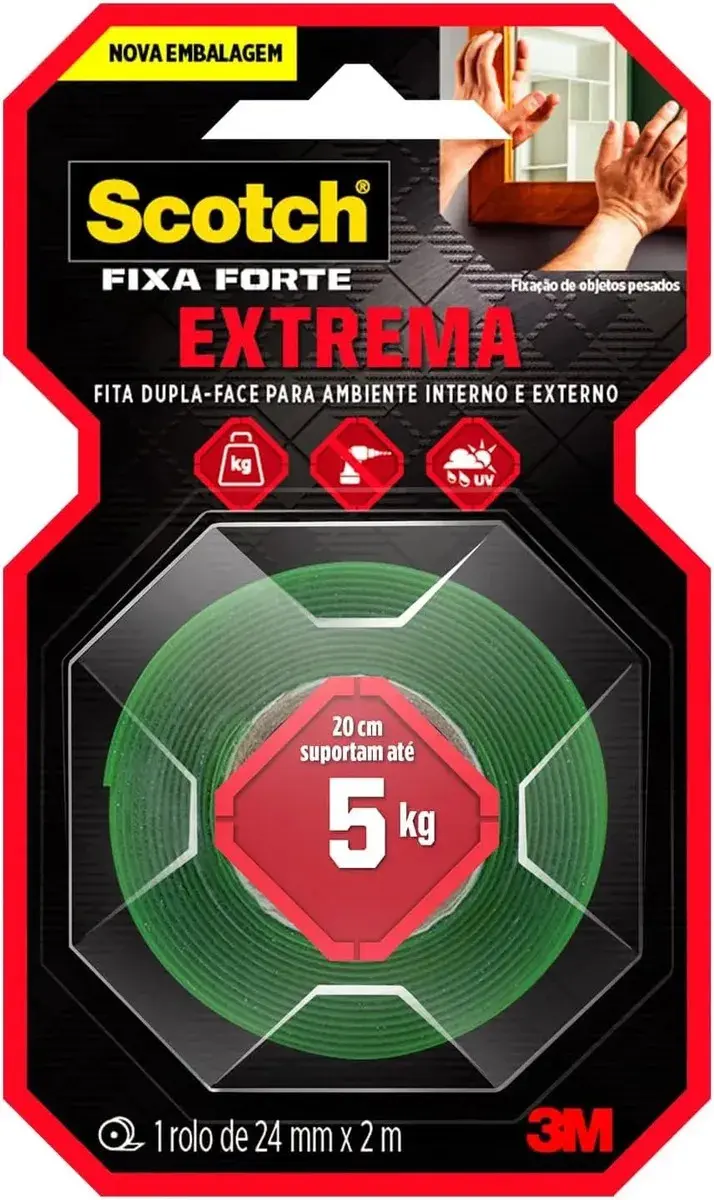 Fita Dupla Face Scotch 3M, 24mm x 2m Fixa Forte, Fixação Extrema - 1