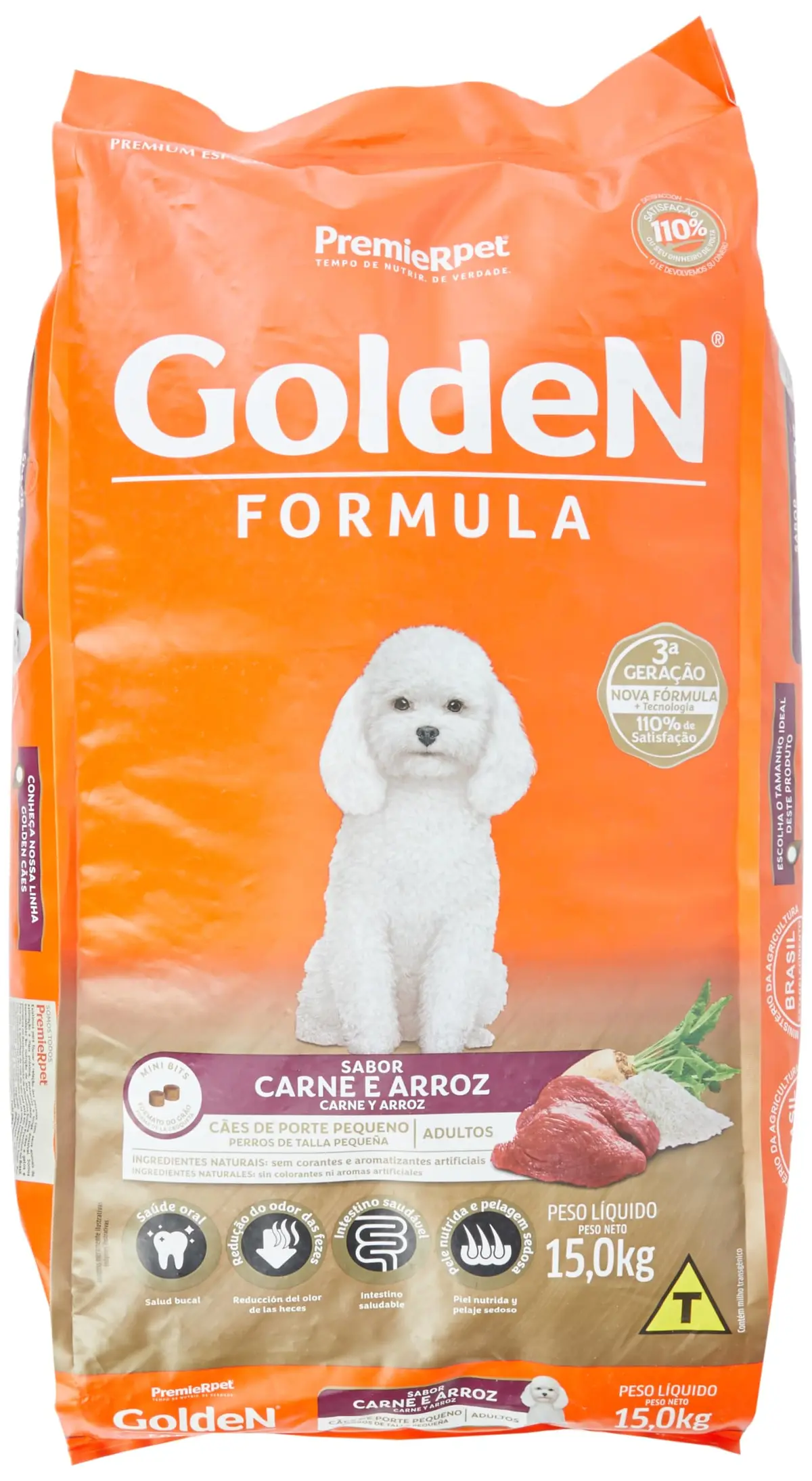 Ração Golden Fórmula Mini Bits para Cães Adultos Pequeno Porte Sabor Carne e Arroz, 15kg Premier Pet Para Todas Pequeno Adulto,